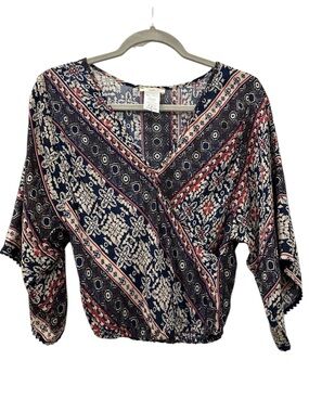 Intu Boho Faux V Neck Women's Geometric Print Wrap Top Cropped Size XS EUC